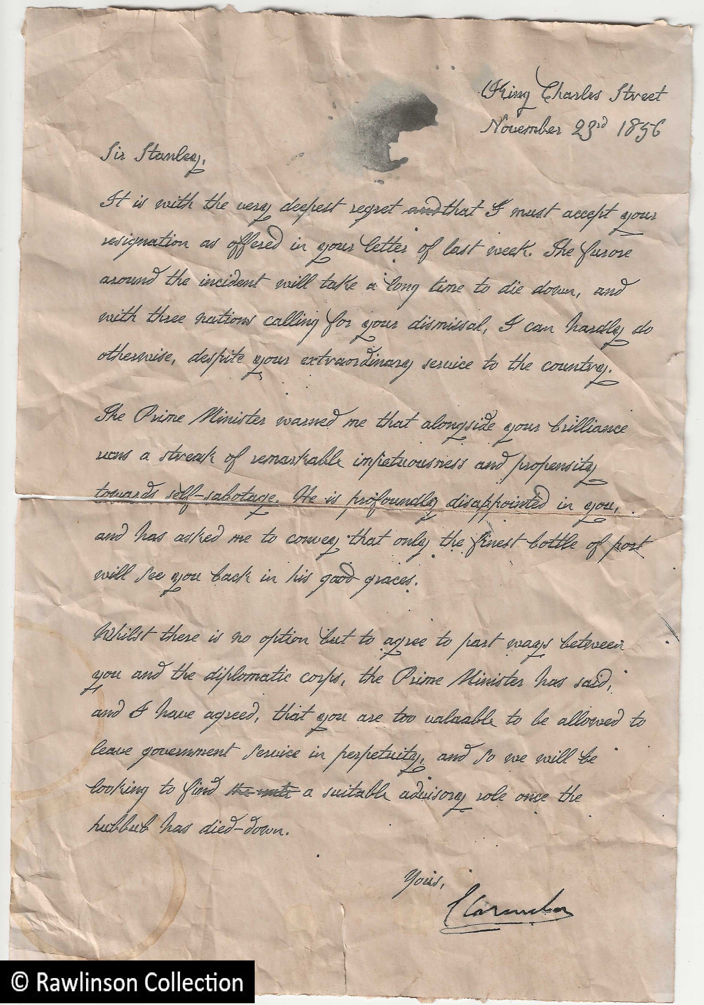 Dismissal letter from Clarendon, 1856